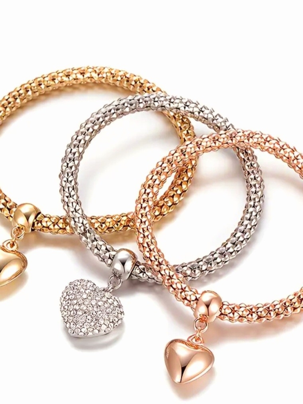 Multi-Tone Heart Charm Bracelet Set - Gold, Silver & Rose Gold - Picture 3 of 6